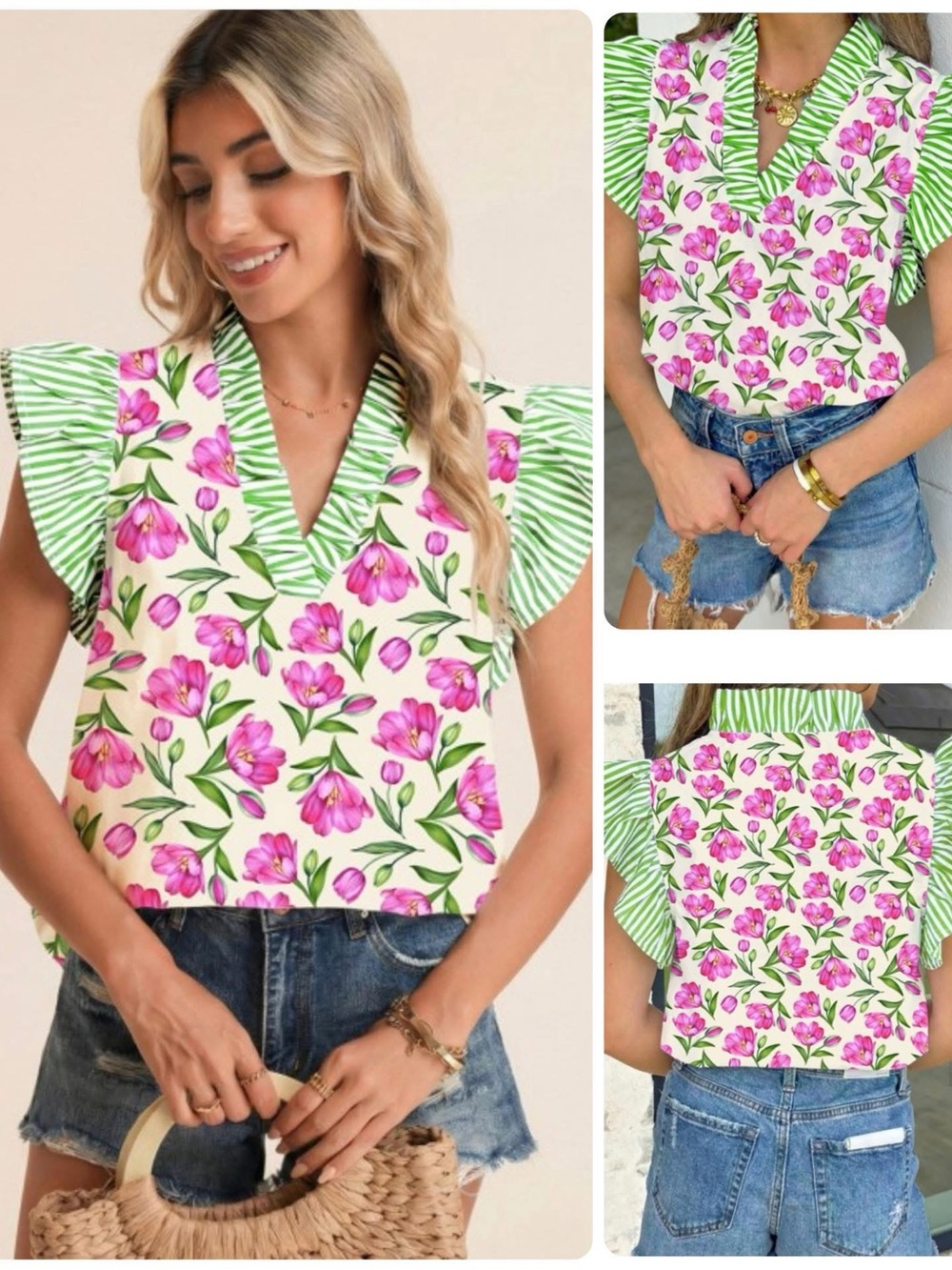 Floral V-Neck Ruffle Sleeve Top in Pink & Green